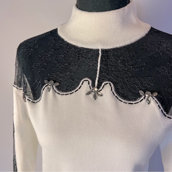 White Sweater Dress Black Lace Rhinestone Details Venus Size M - Picture 7 of 11
